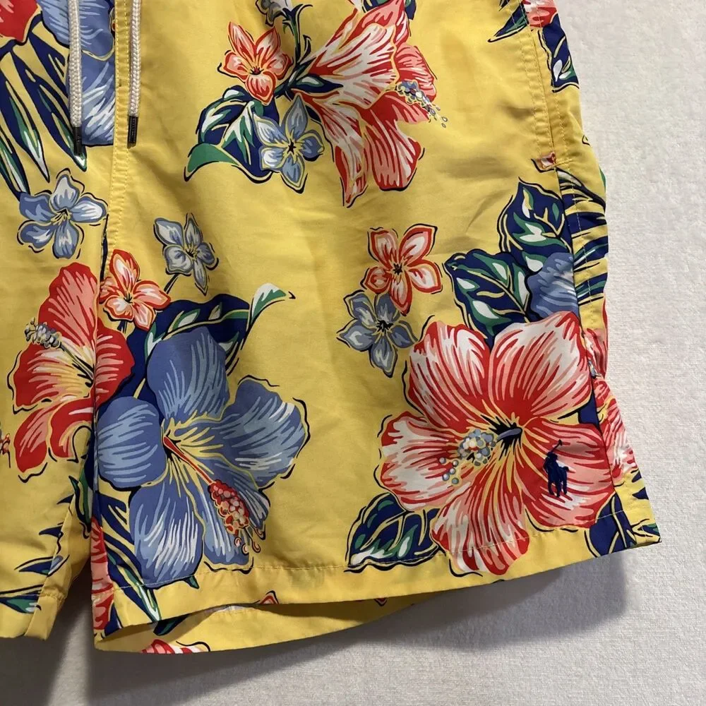 Polo Ralph Lauren Long Swim Trunks Men's Large Yellow Hibiscus Floral Traveler